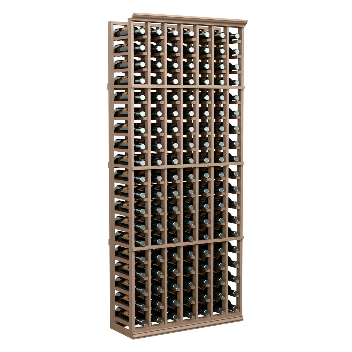 Standing wine bottle rack, light wood frame, 7 columns of capped bottles