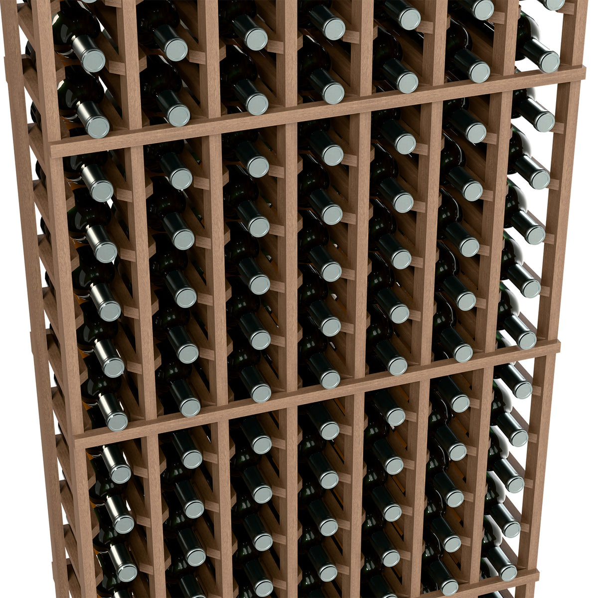 Wine rack close-up, light wood cells with dark bottles and silver bottle tops