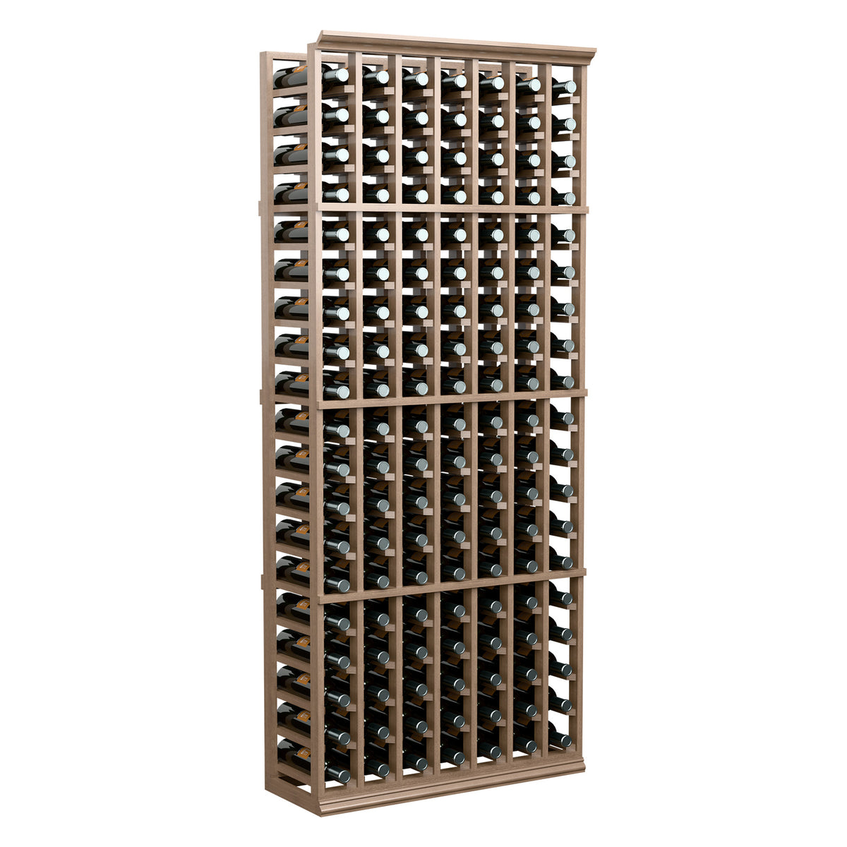 Tall wine bottle rack with light wood frame and 7 columns of wine bottles