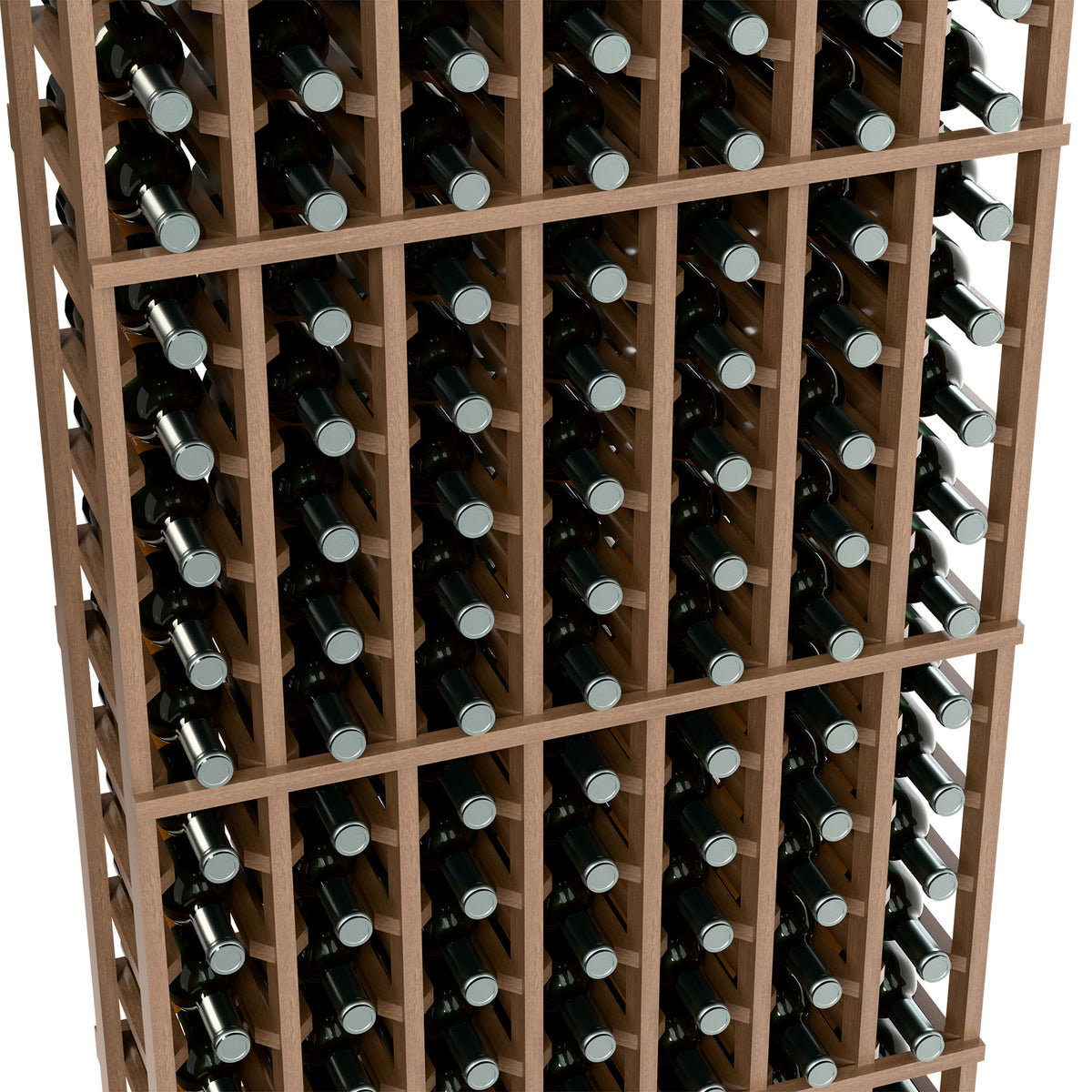 Wine rack close-up, light wood frame with rows of dark bottles and silver caps