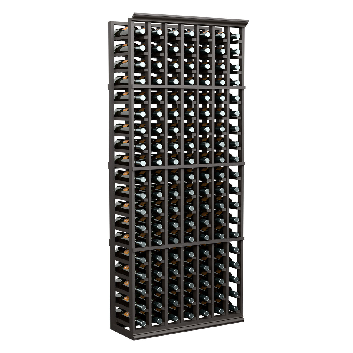 Wine bottle rack with 7 columns, dark wood frame, rows of capped bottles in grid