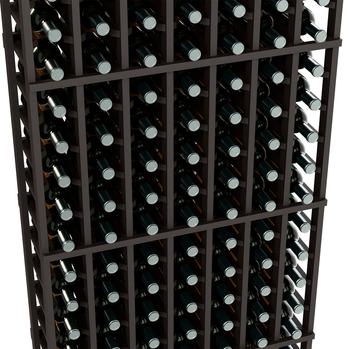 7-column wine rack close-up, dark wood grid holding dark bottles with silver caps