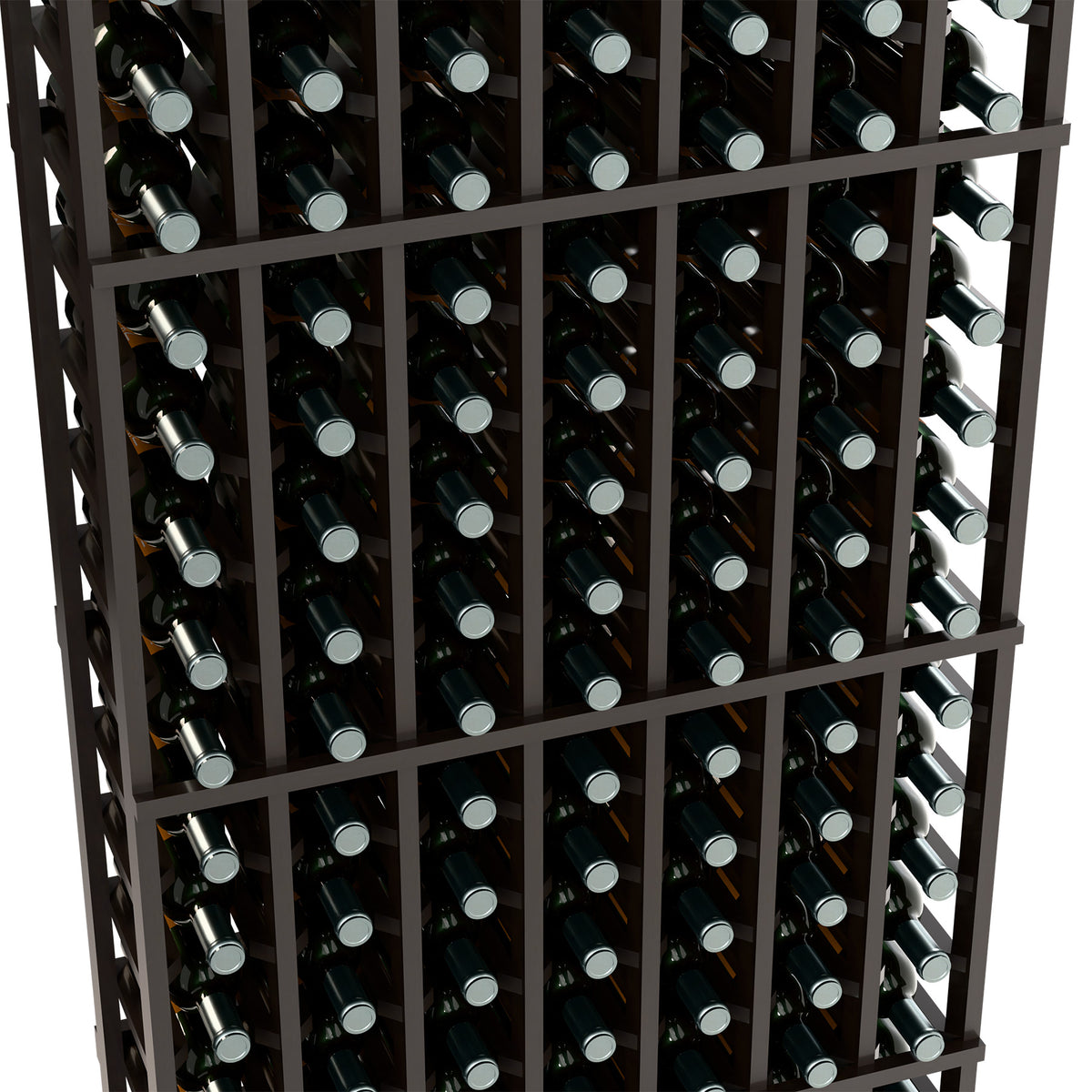 Wine rack close-up, dark wood cells filled with dark bottles and silver tops