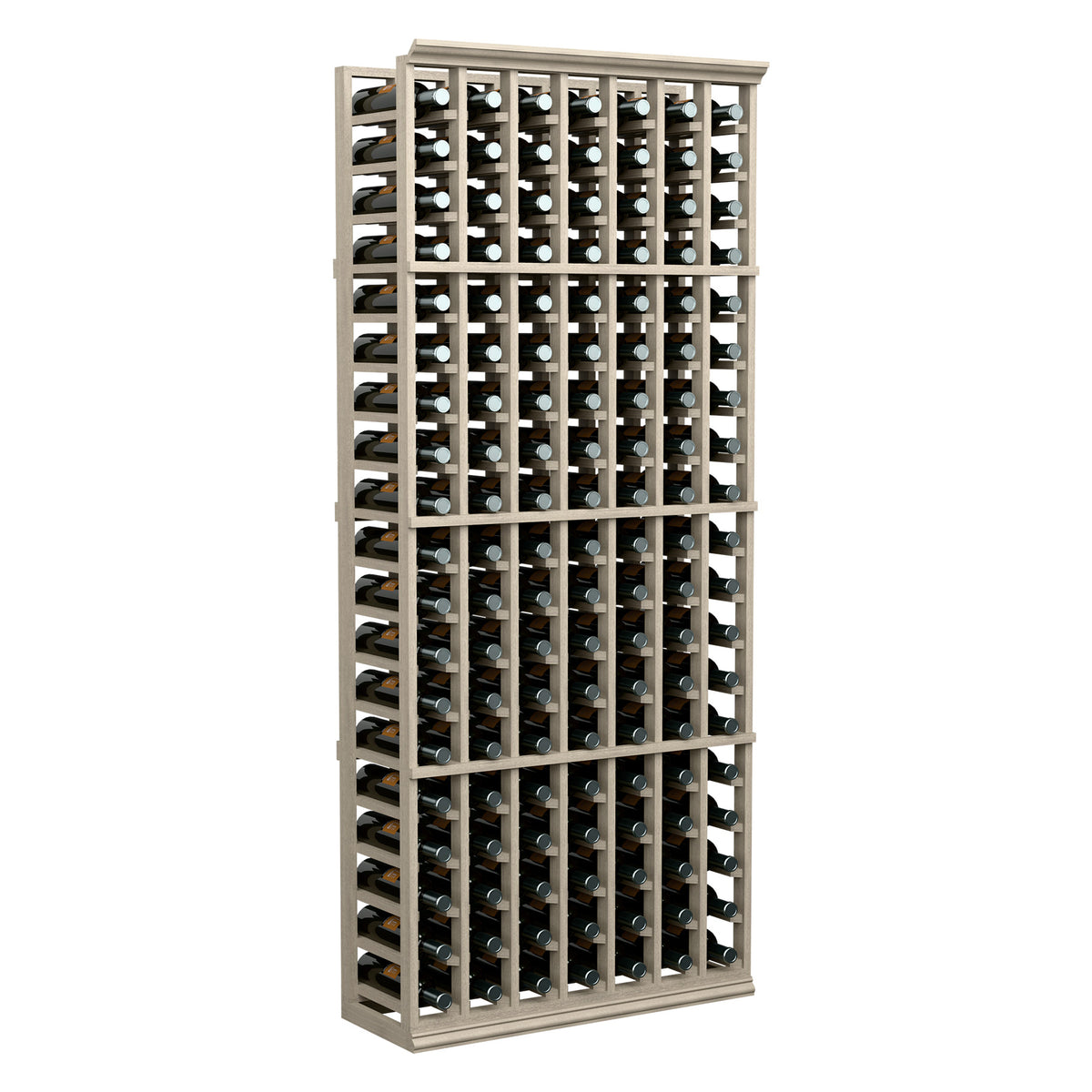 6ft 7-column wine bottle rack, light wood frame with angled bottle slots