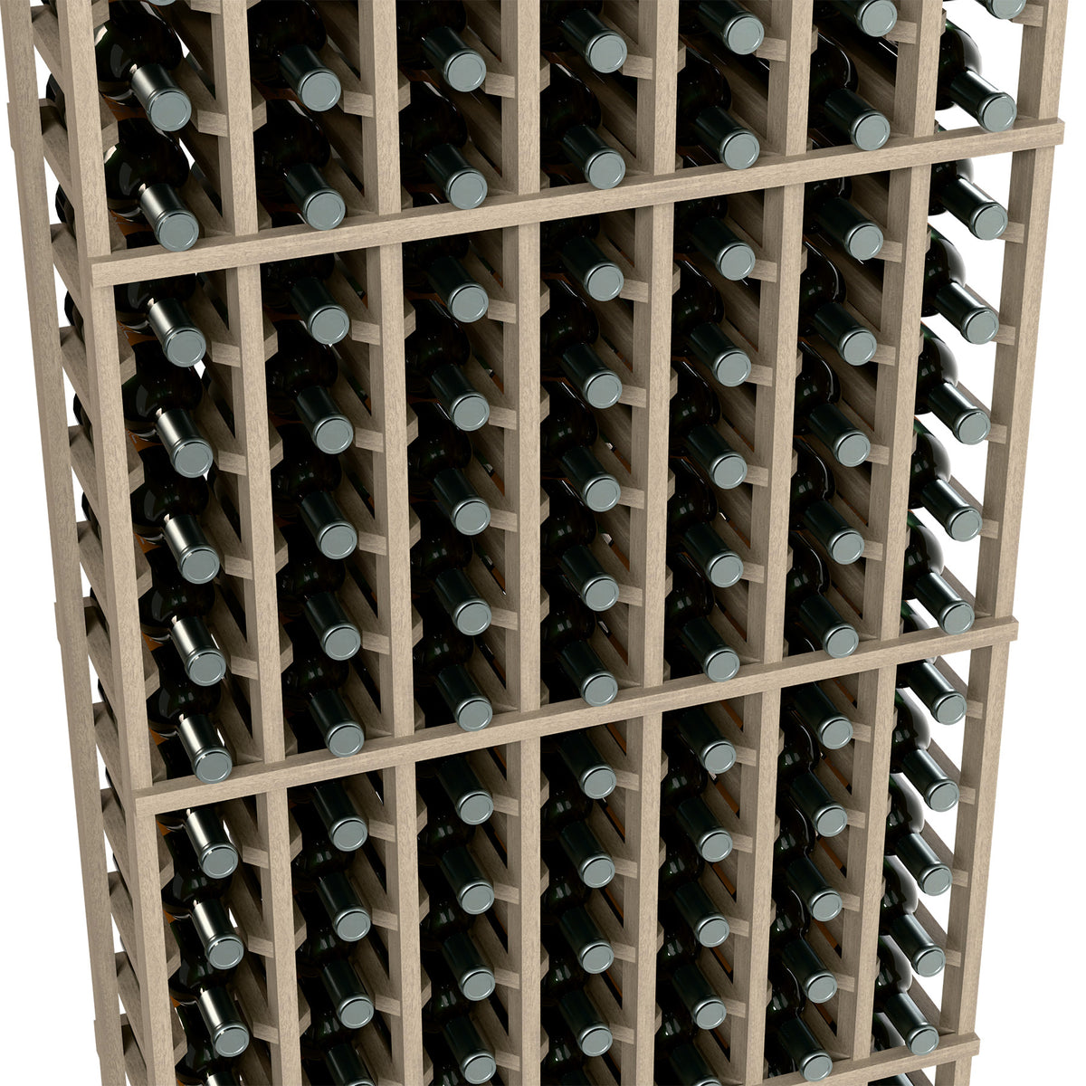 Close-up of 7-column wine rack with light wood dividers and angled bottle holders