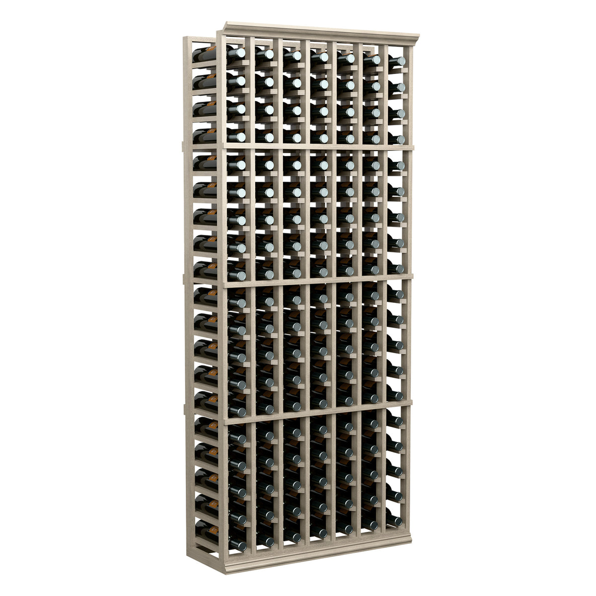 Front view of 6ft 7-column wine bottle rack, light wood frame and bottle slots
