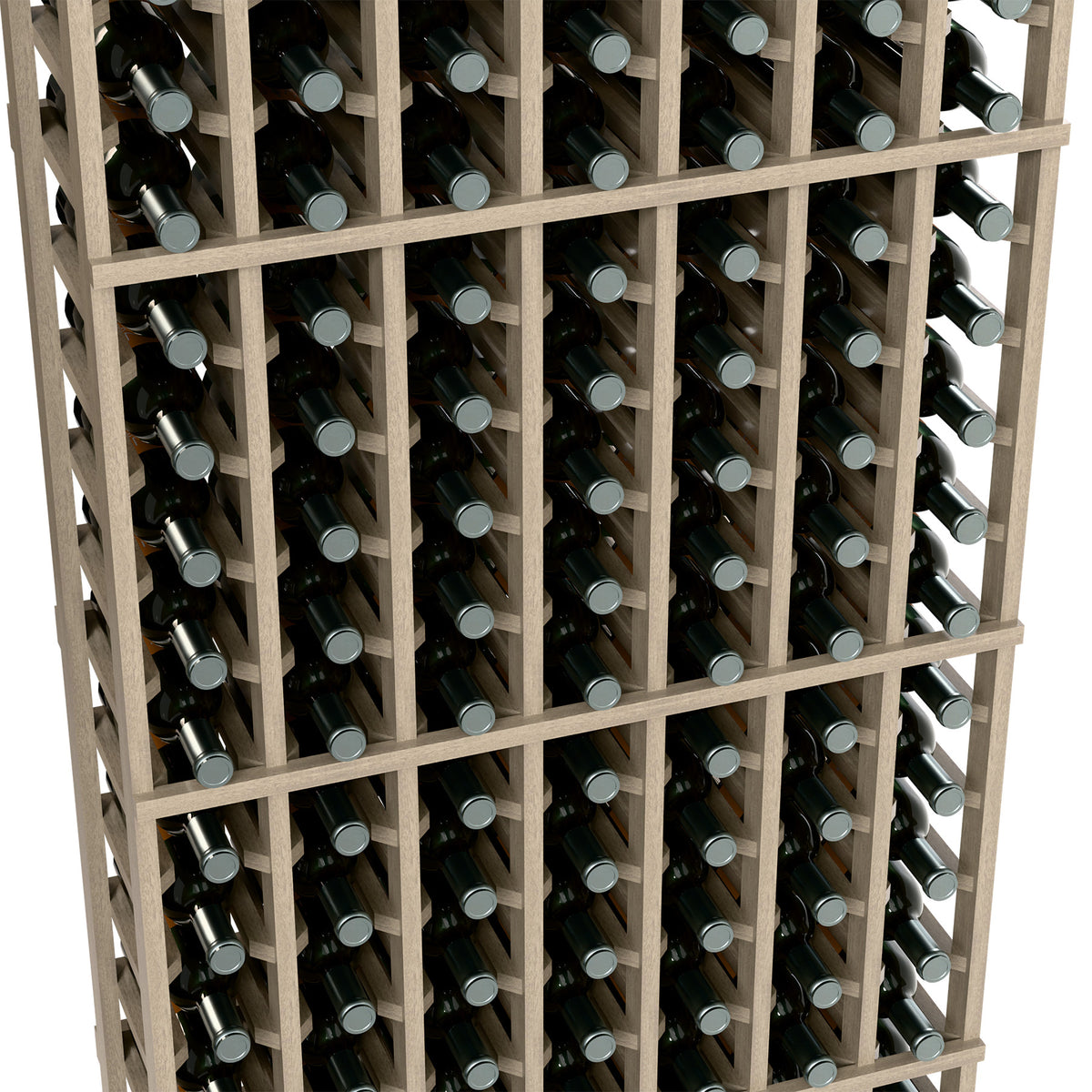Close-up of 7-column wine bottle rack showing bottle slots in light wood frame