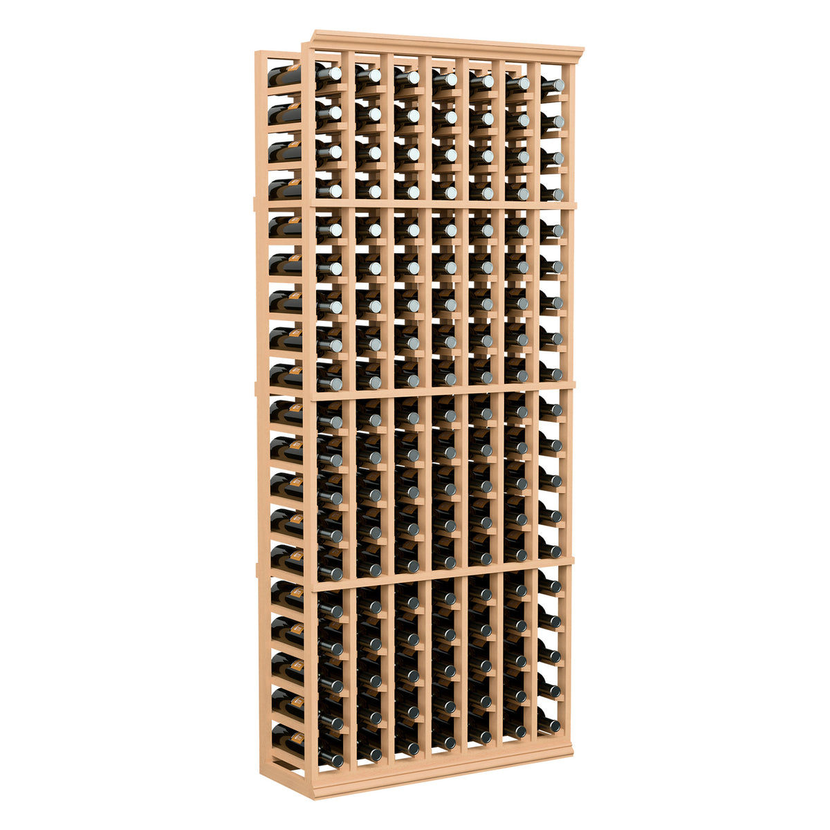 6ft 7-column wine bottle rack, light tan wood frame with angled bottle slots