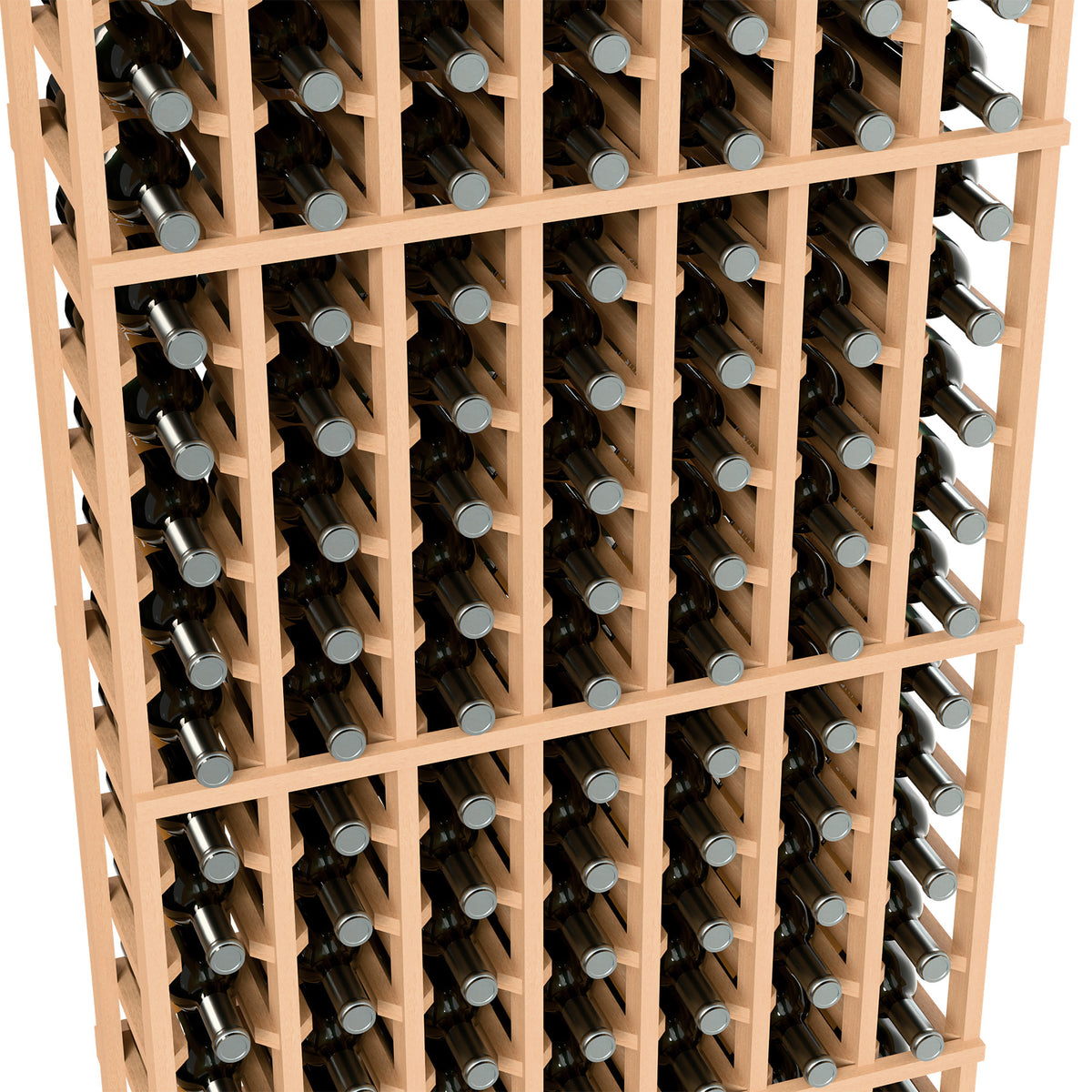 Close-up of 7-column wine rack with light tan dividers and bottle neck holders