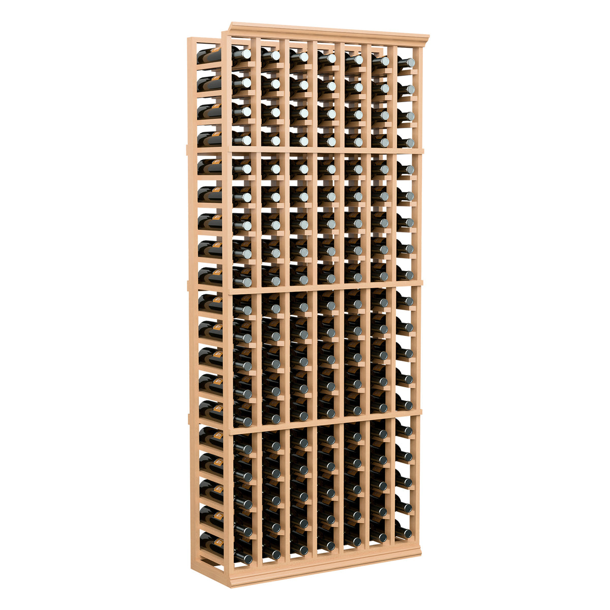 Front view of 6ft 7-column wine bottle rack, light tan frame and angled slots