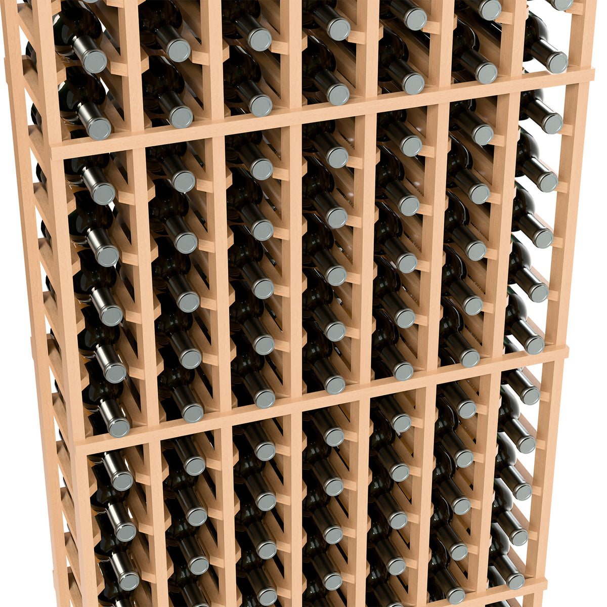 Close-up of 7-column wine bottle rack showing bottle slots in tan wood frame