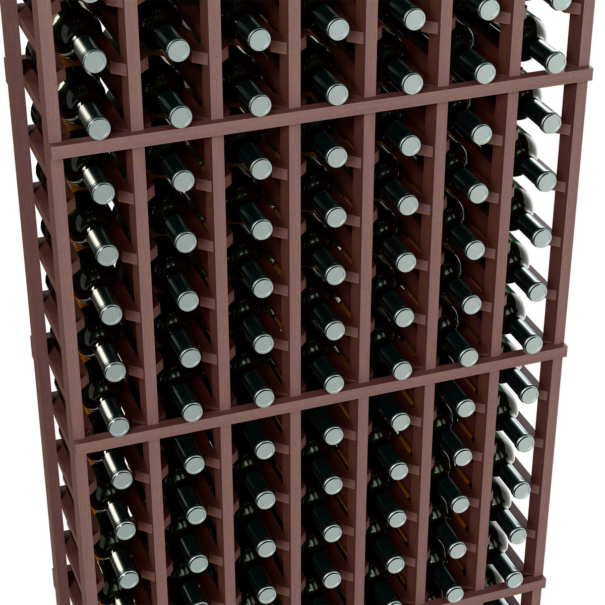 Close-up of 7-column wine rack with dark wood dividers and angled bottle holders