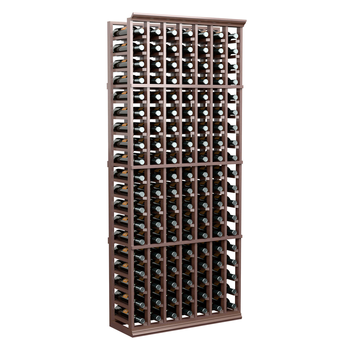 Wood wine bottle rack with multiple horizontal slots holding bottles, 7 columns tall.