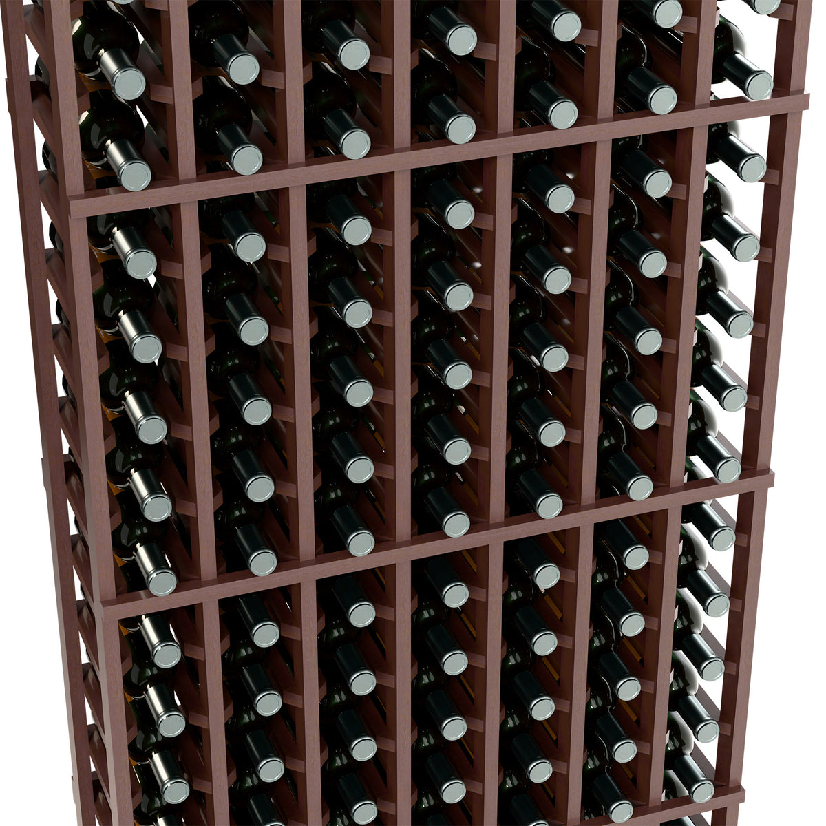 Close-up of dark wood wine bottle rack showing bottle slots and angled storage rows.