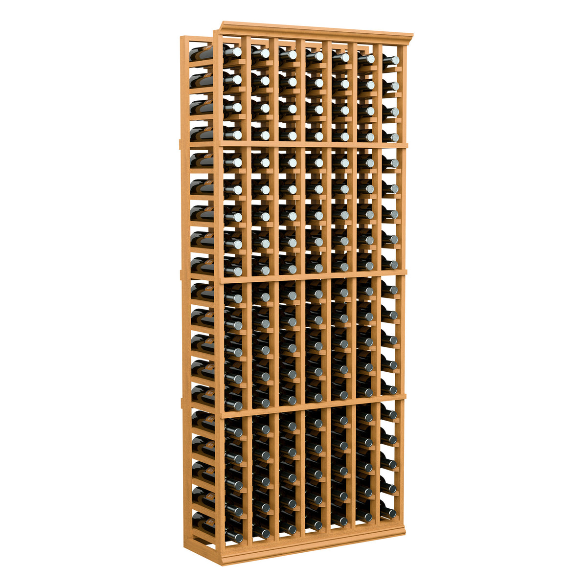 Light wood wine bottle rack with many horizontal slots for bottles, 7 columns tall.
