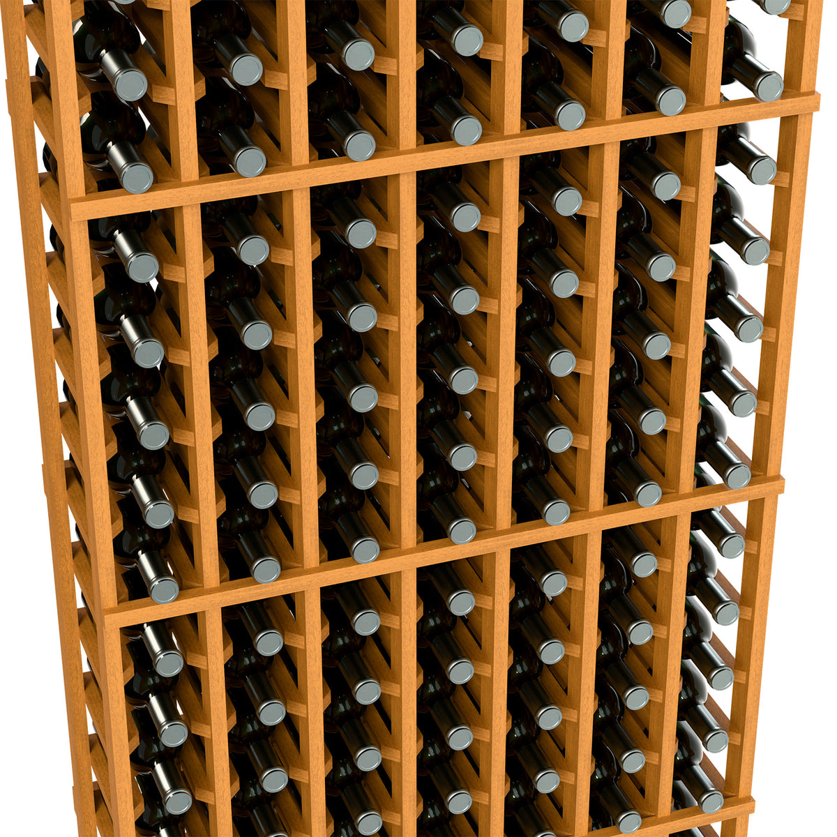 Close-up of light wood wine bottle rack with bottle slots and cradled bottle ends.