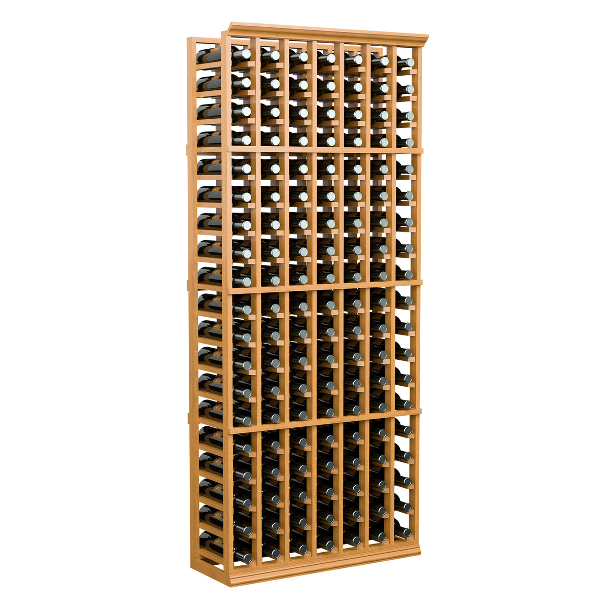 Light wood wine bottle rack with empty-looking slots and bottle rows, 7 columns tall.