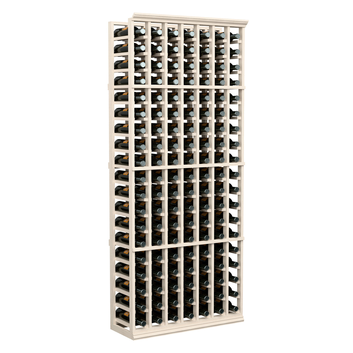 White wood wine bottle rack with many bottle slots, 7 columns tall and open frame.