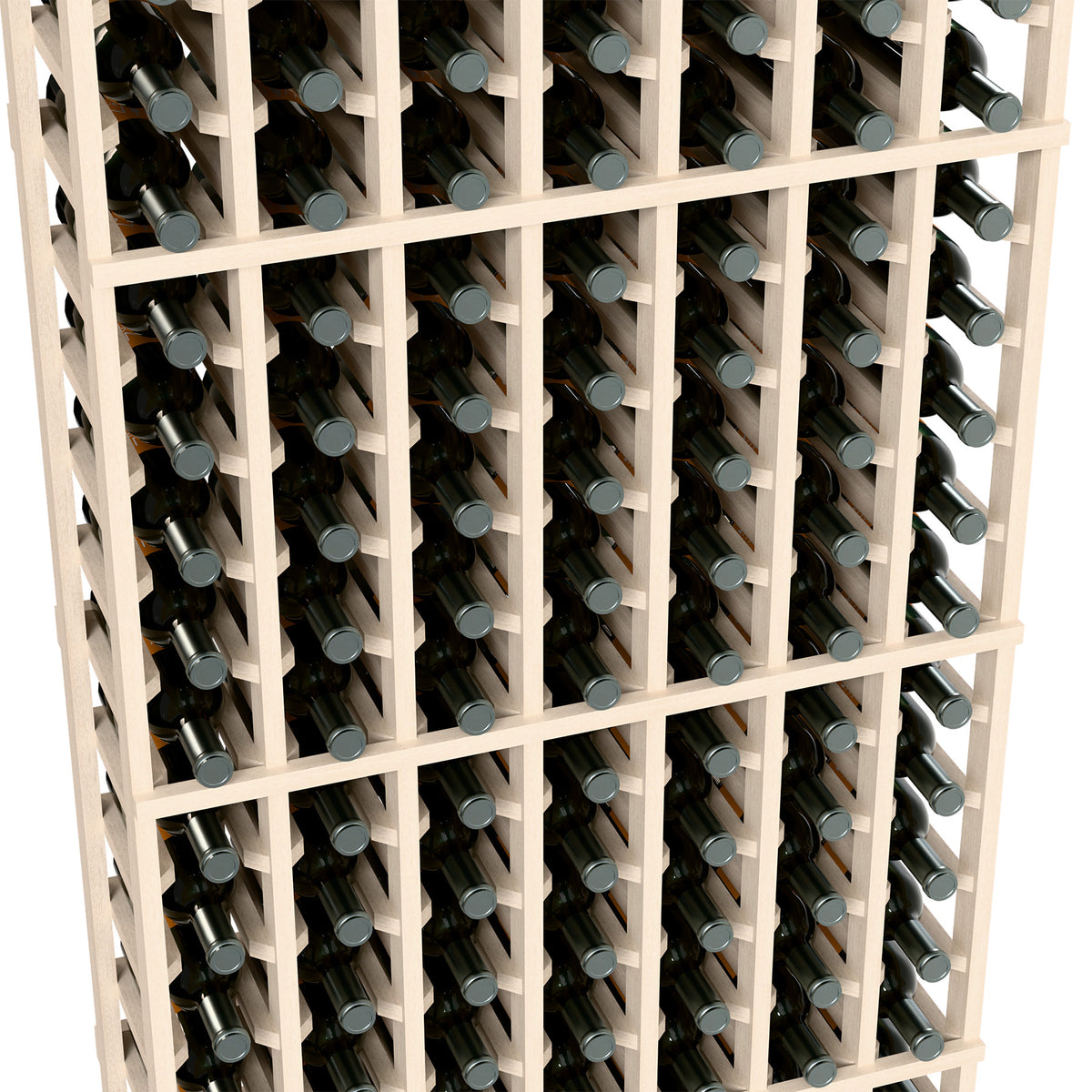Close-up of white wood wine bottle rack with bottle slots and bottle necks in place.