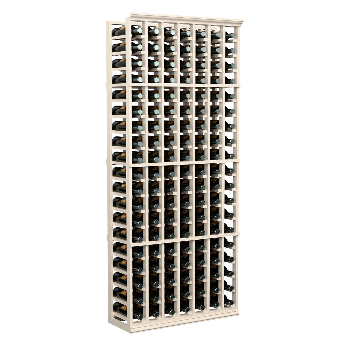 White wood wine bottle rack with evenly spaced bottle slots, 7 columns tall.