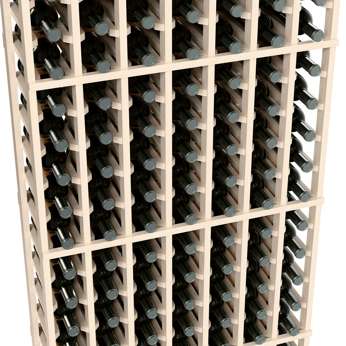 Close-up of white wood wine bottle rack showing bottle slots and cradled bottle ends.