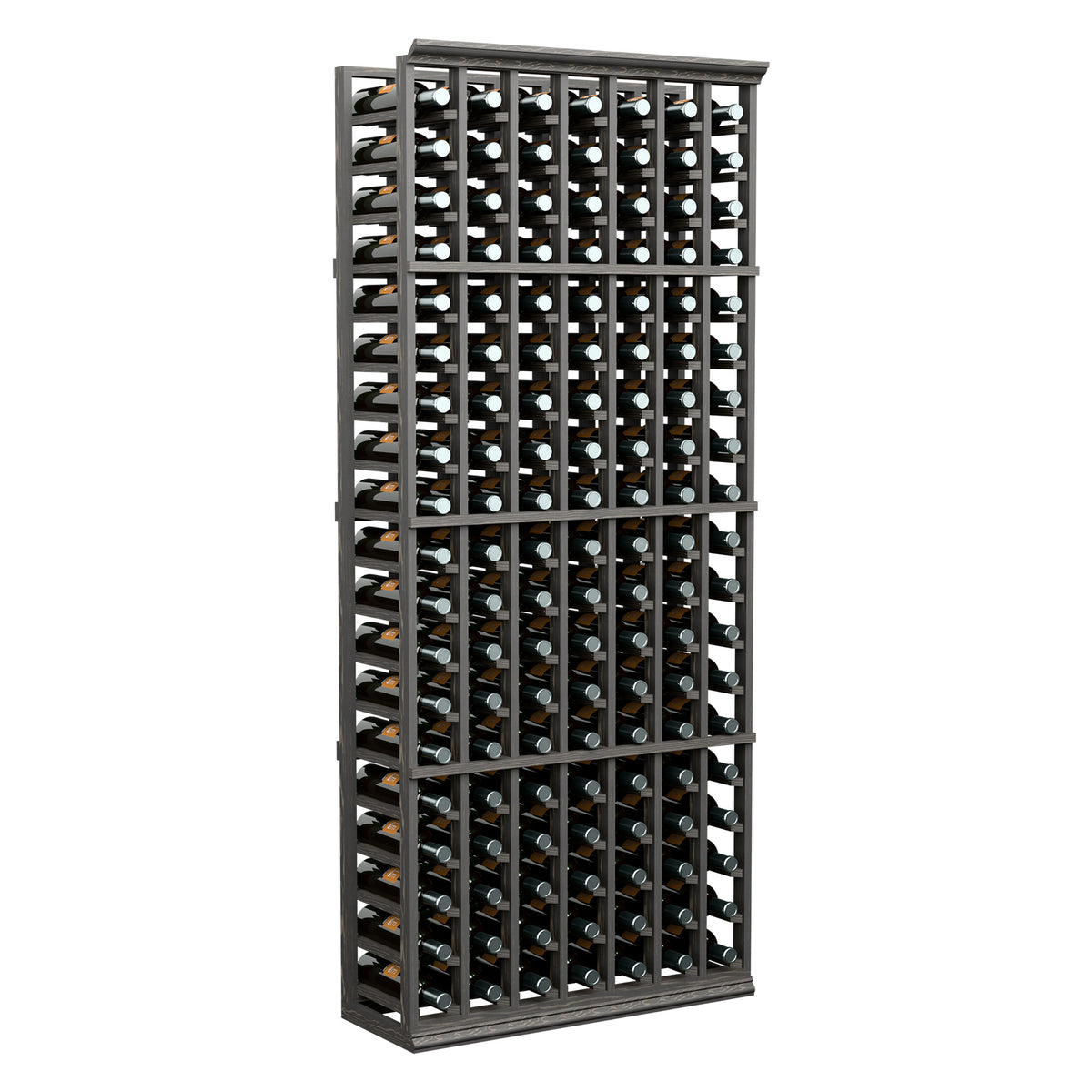 7-column wine bottle rack with bottles, dark frame, front view