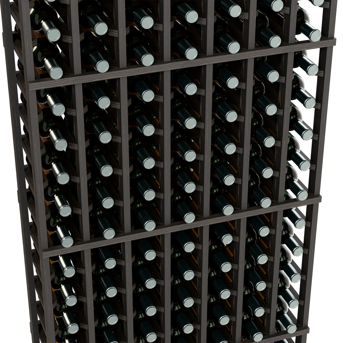 7-column wine bottle rack, close-up of bottles in dark wood slots
