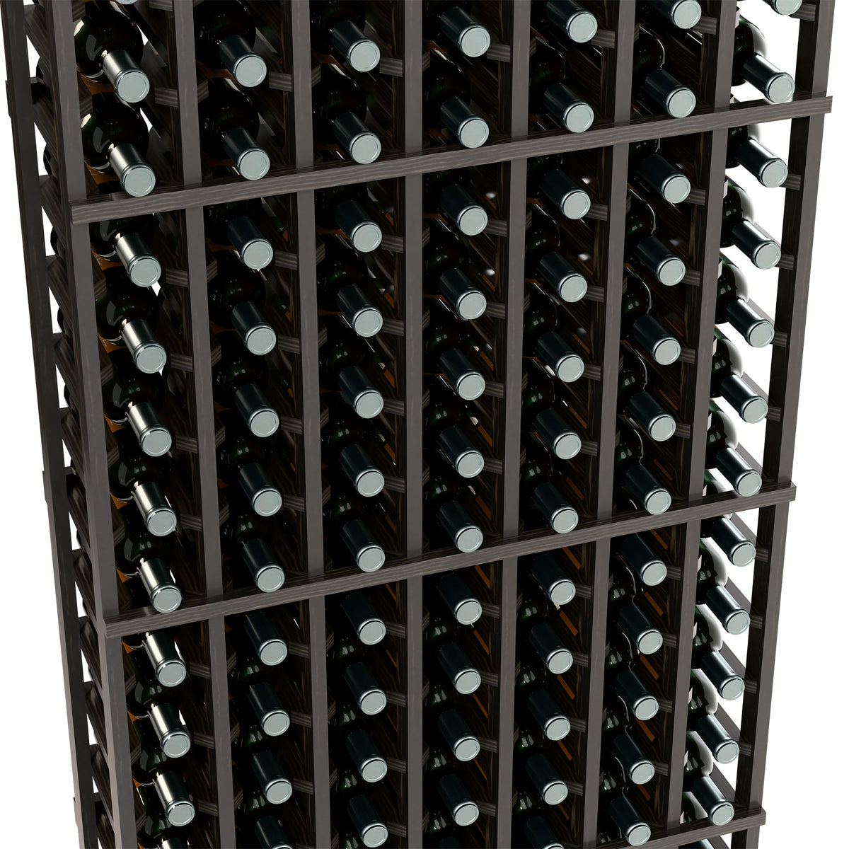 7-column wine bottle rack, close-up of bottle rows in dark wood grid