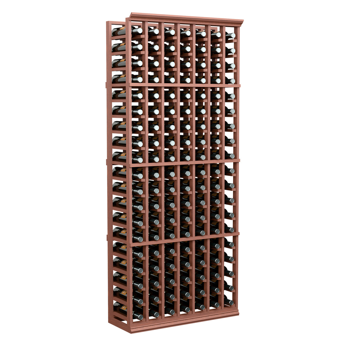 7-column wine bottle rack with bottles, red-brown wood frame, front view