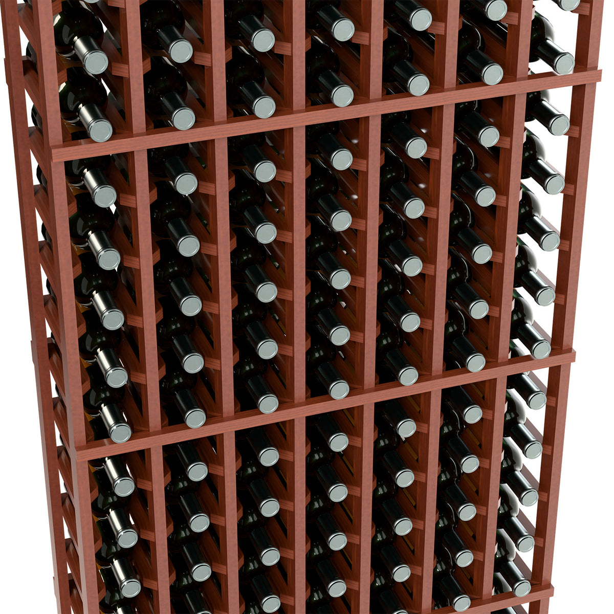 7-column wine bottle rack, close-up of bottle rows in red-brown grid