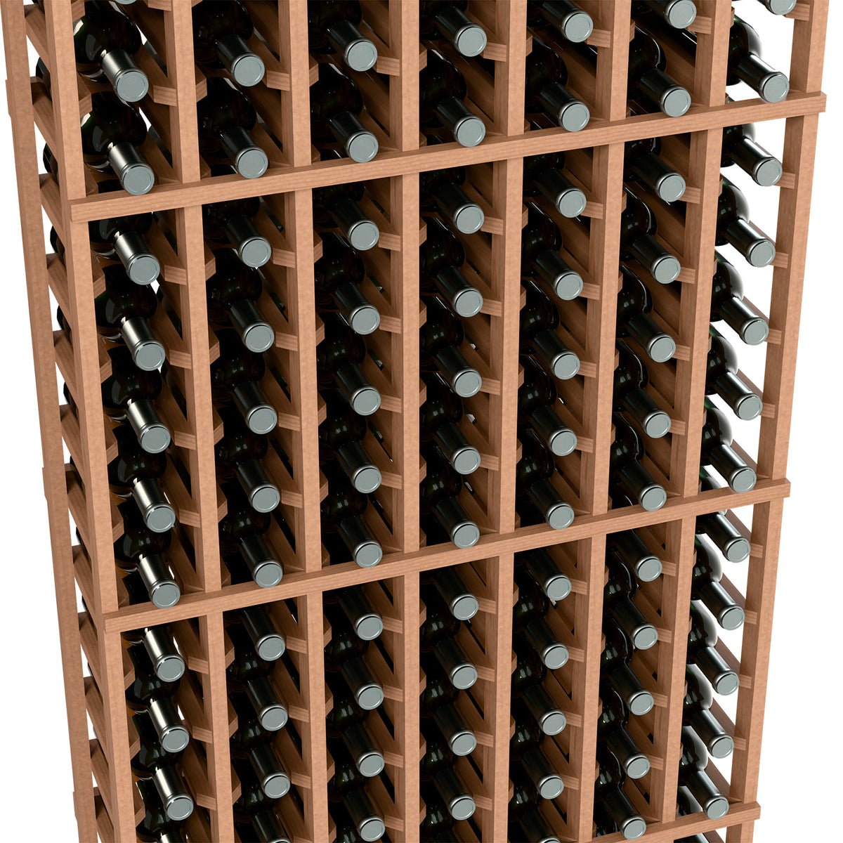 7-column wine bottle rack, close-up of bottles in light wood slots