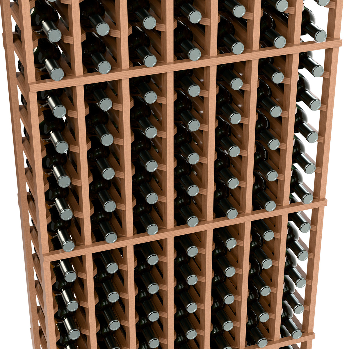 Close-up of a wood wine rack showing bottle necks in individual slots with a gridded frame.