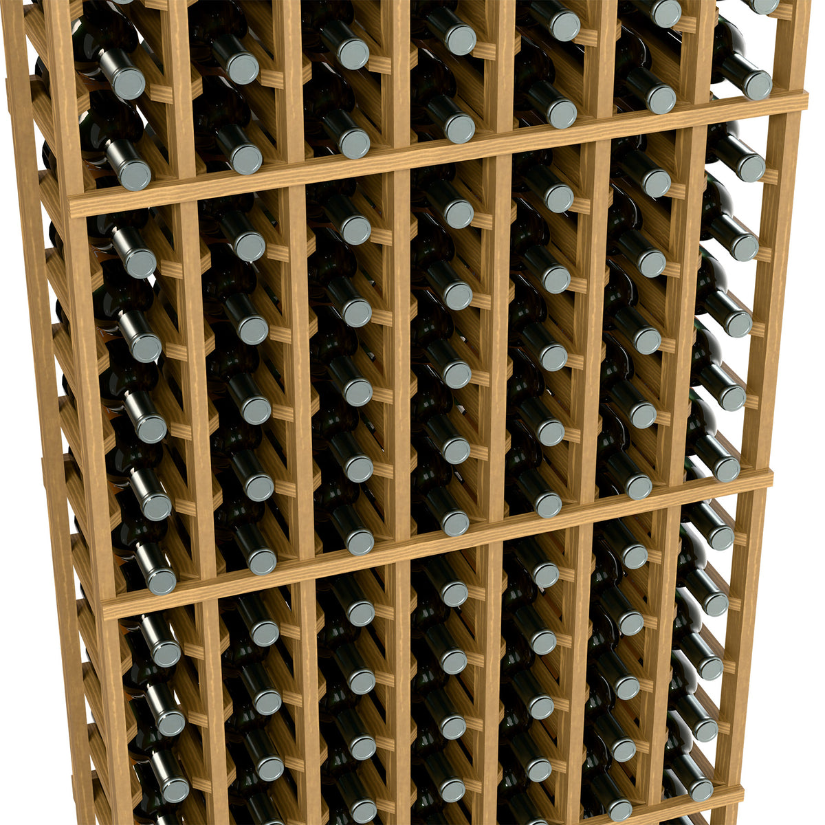 Close-up of a wood wine rack with bottle slots and crossbars holding bottles in rows.