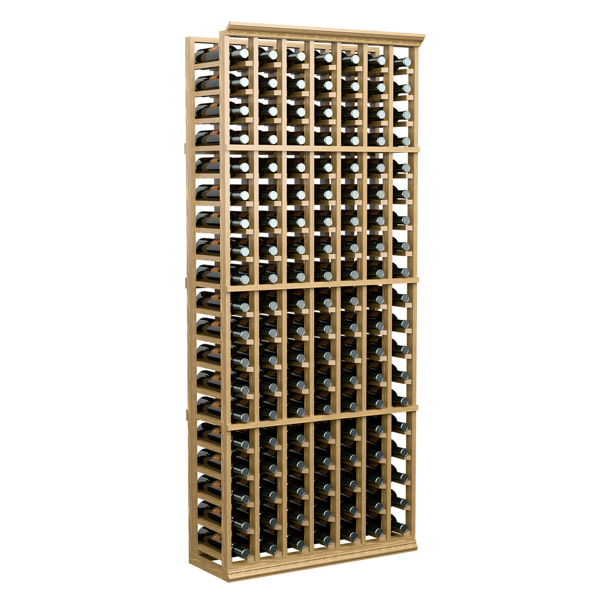 Wood wine bottle rack standing upright, featuring multiple rows of bottle slots in a 7-column layout.