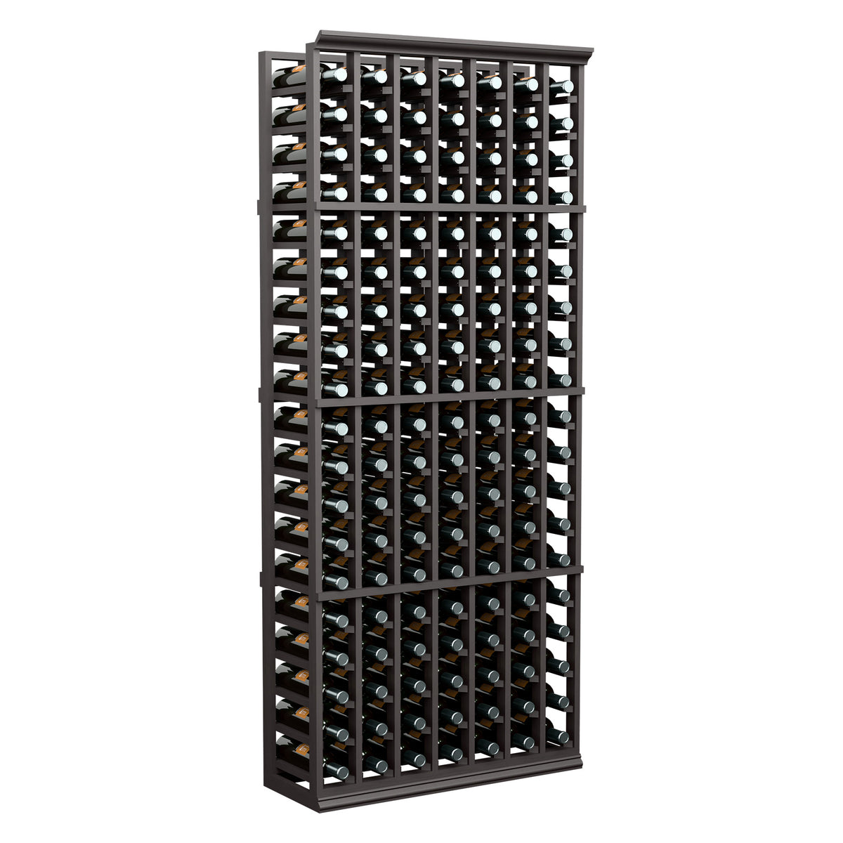 Wine bottle storage rack with dark frame and multiple bottle slots in an upright 7-column design.