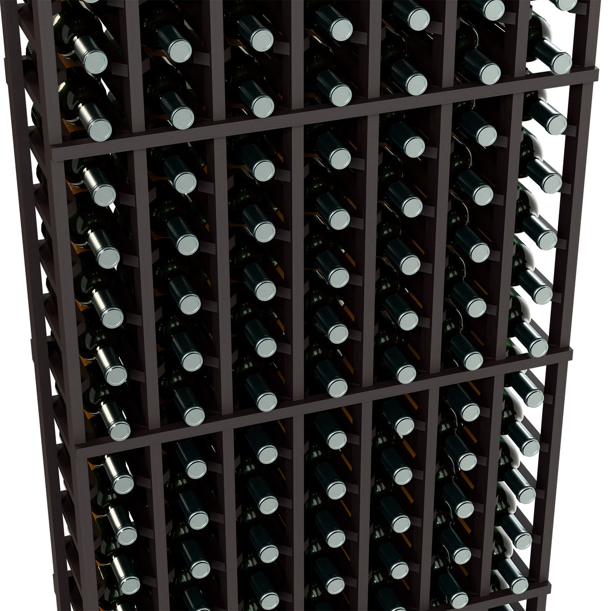 Close-up of a dark wine rack showing bottle necks in individual slots within a gridded frame.