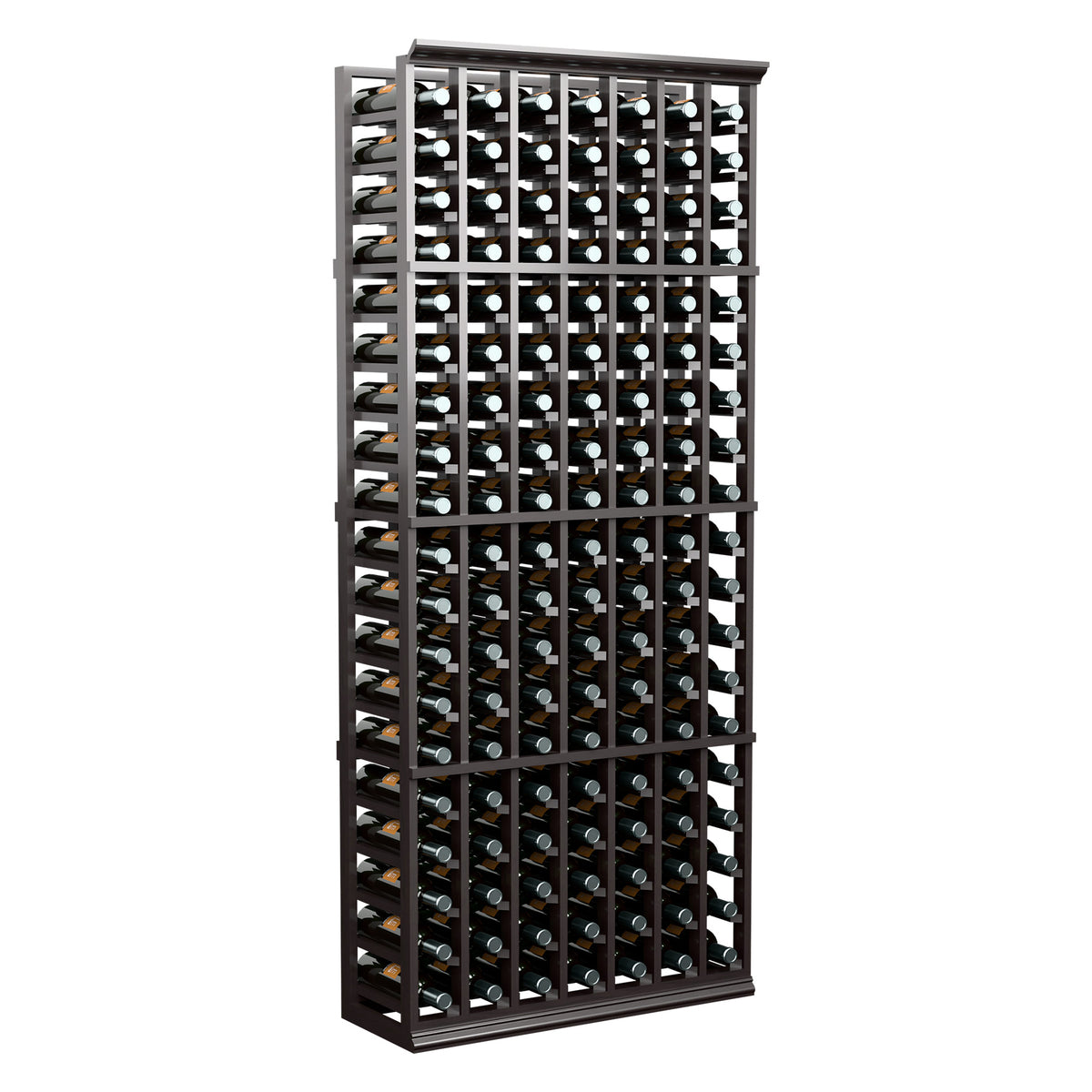 Upright dark wine bottle rack with 7 columns of angled slots for storing many bottles.
