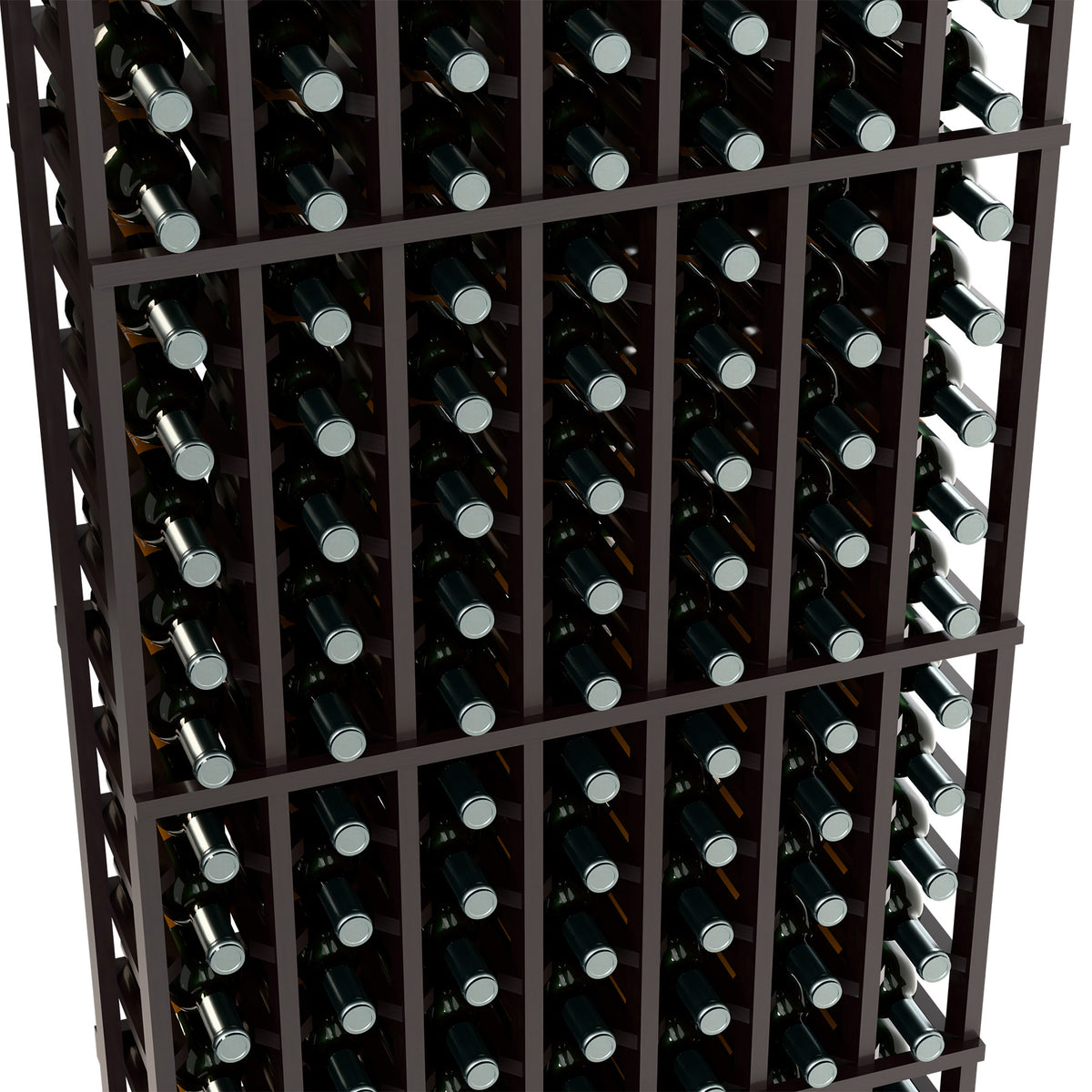 Close-up of a dark wine rack with bottle slots and crossbars holding bottles in rows.