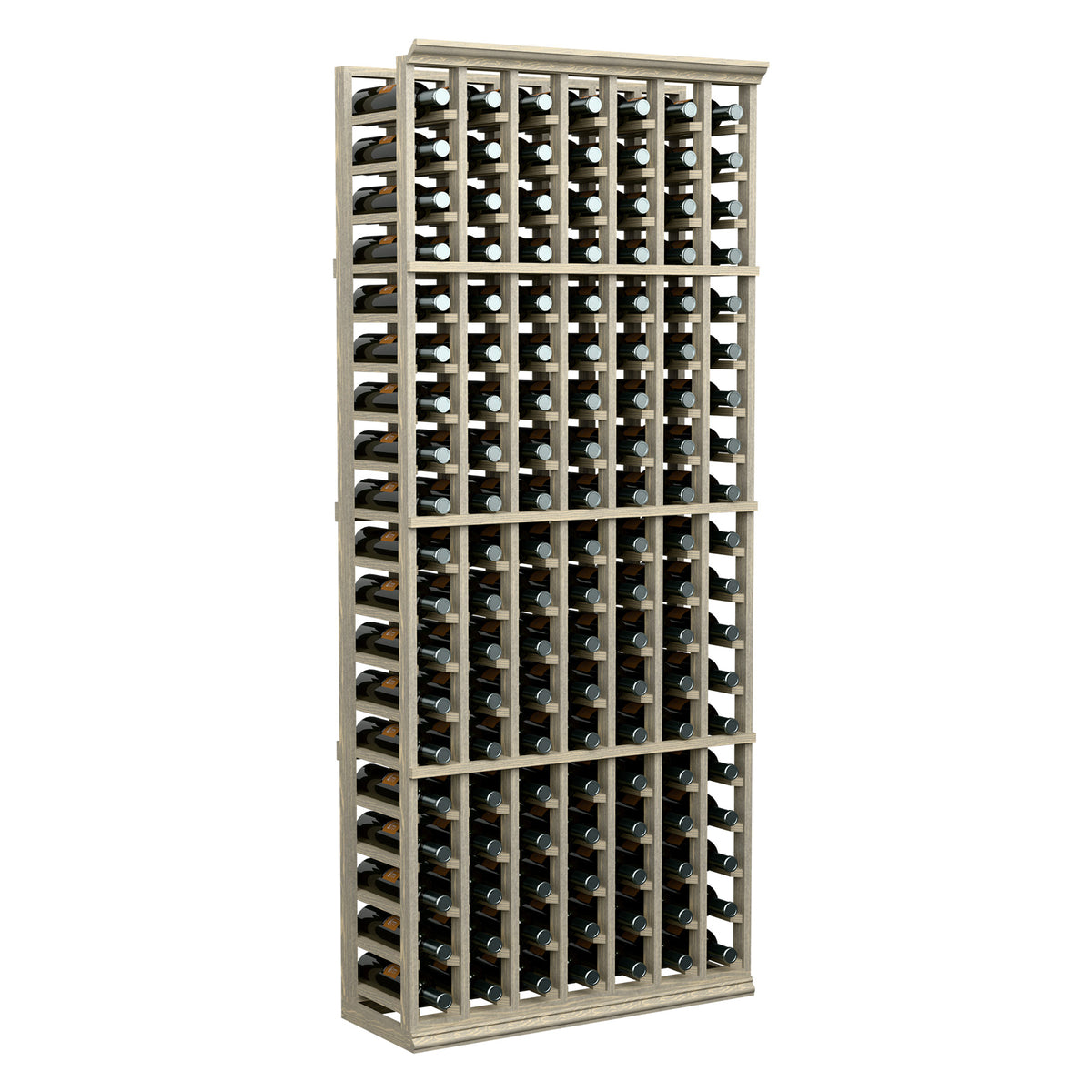 7 column wine bottle rack, 6 ft tall, light wood frame with multiple bottle slots