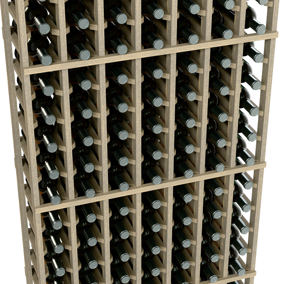 Wine bottle rack close-up, light wood grid holding bottles in vertical rows