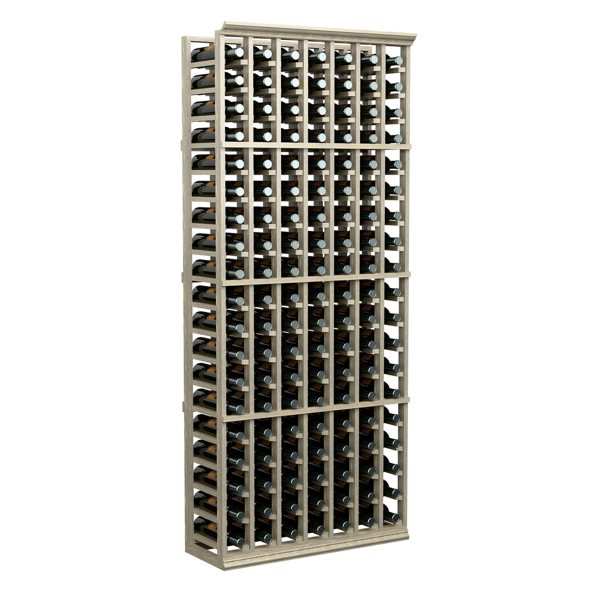 Tall wine bottle storage rack, light wood frame, 7-column layout of bottle slots