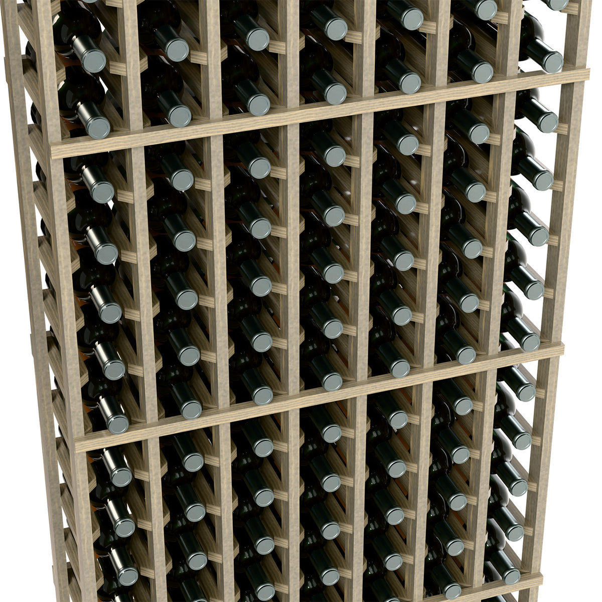 Close-up of wine bottle storage rack, light wood slats holding bottles in rows