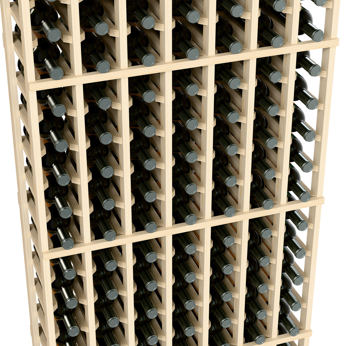Wine bottle rack close-up, light wood lattice with bottles stored in vertical slots