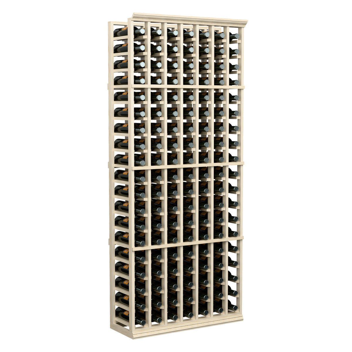 Wine bottle rack, light wood front view, 7 columns of bottle slots and supports
