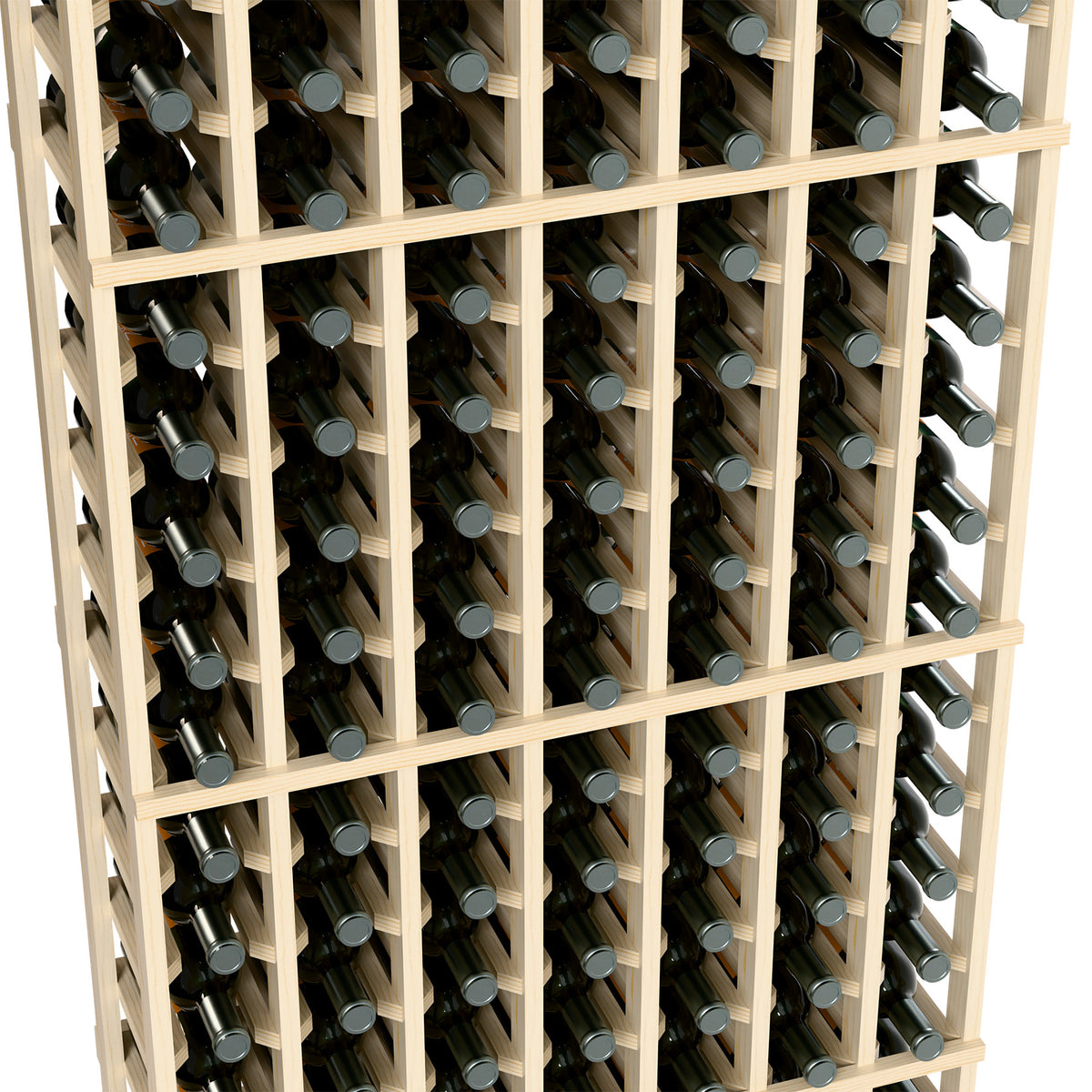 Wine bottle storage rack close-up, light wood frame with bottle rows and slots