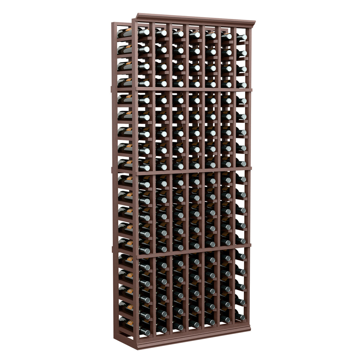 7 column wine bottle rack, 6 ft tall, dark wood frame with multiple bottle slots