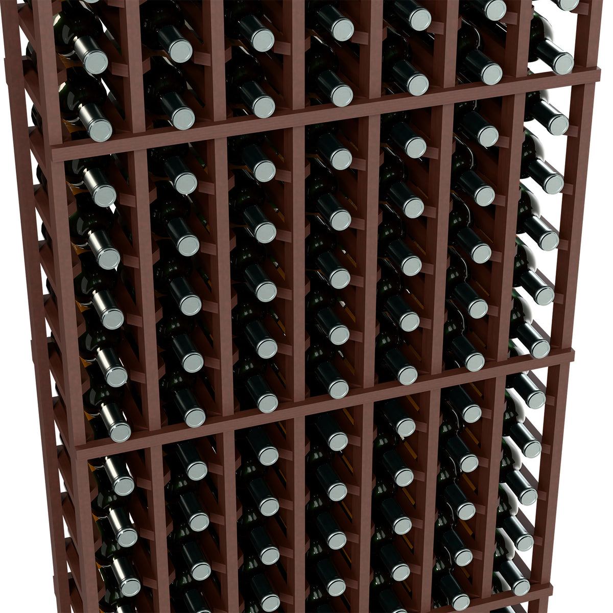 Wine bottle rack close-up, dark wood grid holding bottles in vertical rows