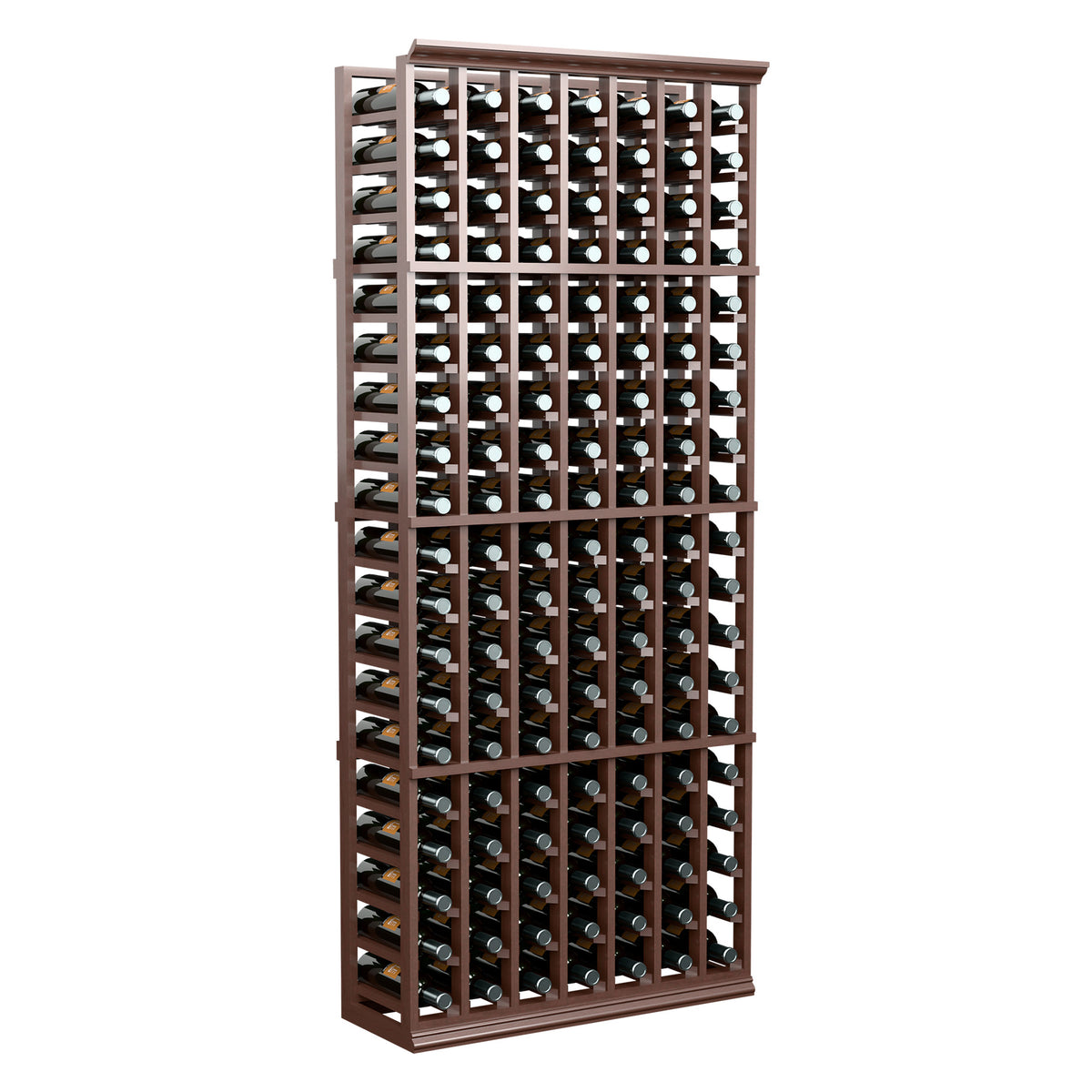 Wine bottle rack with 7 columns, dark wood frame holding wine bottles upright