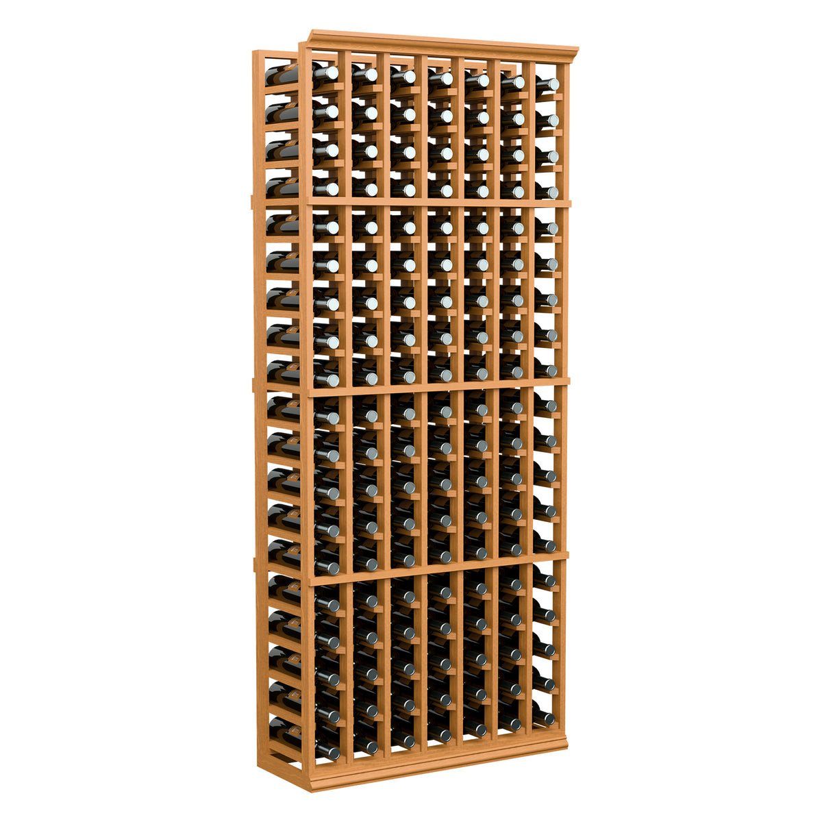 Wine bottle rack with 7 columns, light wood frame holding wine bottles upright