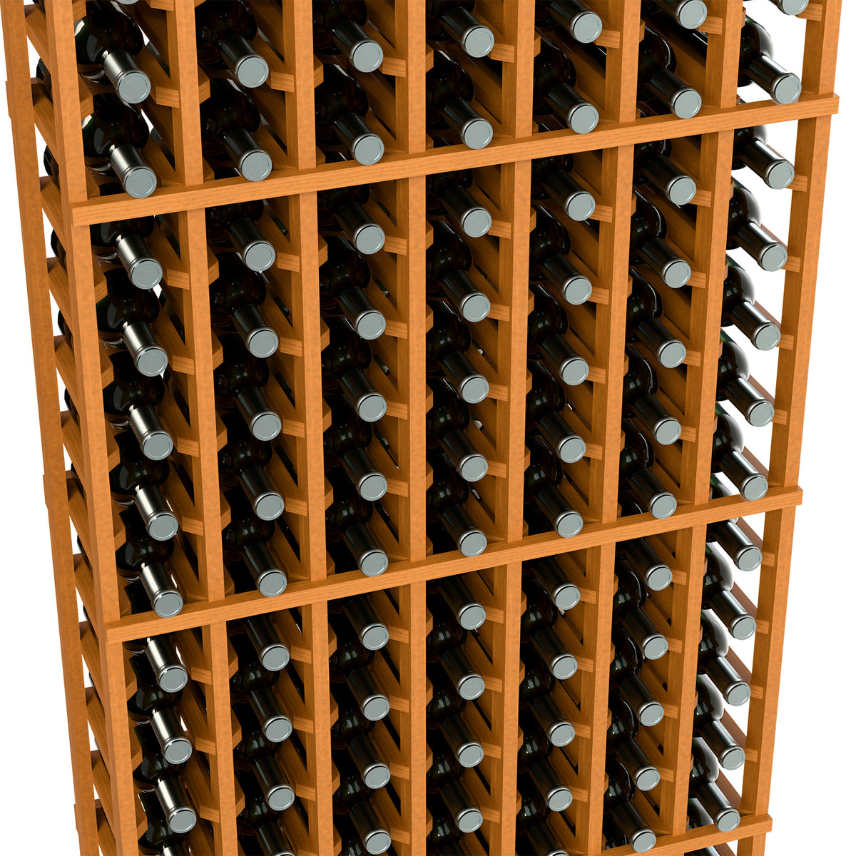 Close-up of light wood wine bottle rack with bottles stored in square rows